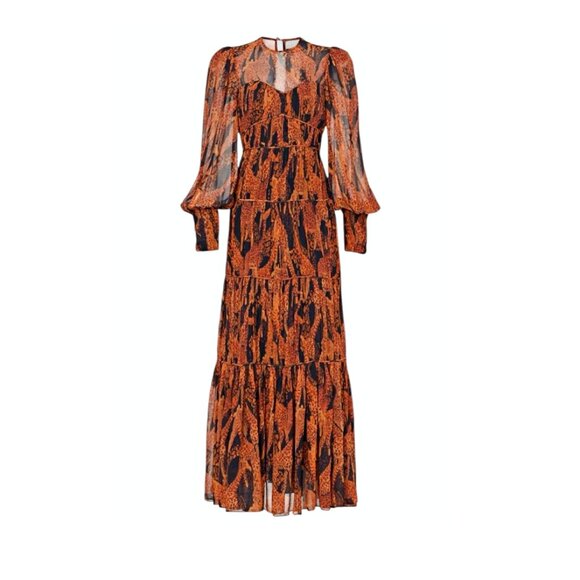 Farm Rio Giraffes Puff Sleeve Corset Piping Tiered Maxi Dress in Orange  S  $315 - Picture 2 of 16
